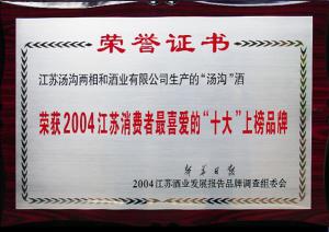 汤沟酒业荣获江苏消费者喜爱的“十大”上榜品牌