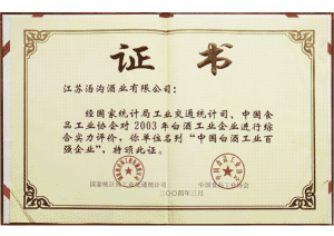 汤沟酒业荣获—中国白酒百强企业证书